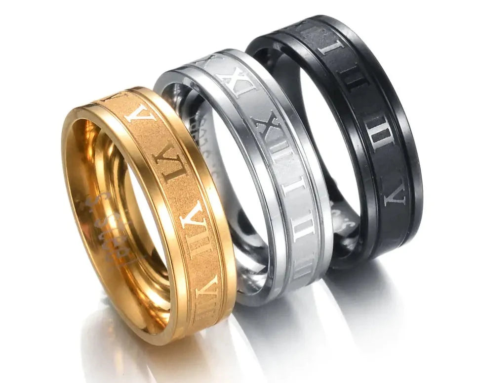 316L Stainless Steel Roman Numerals Band Rings